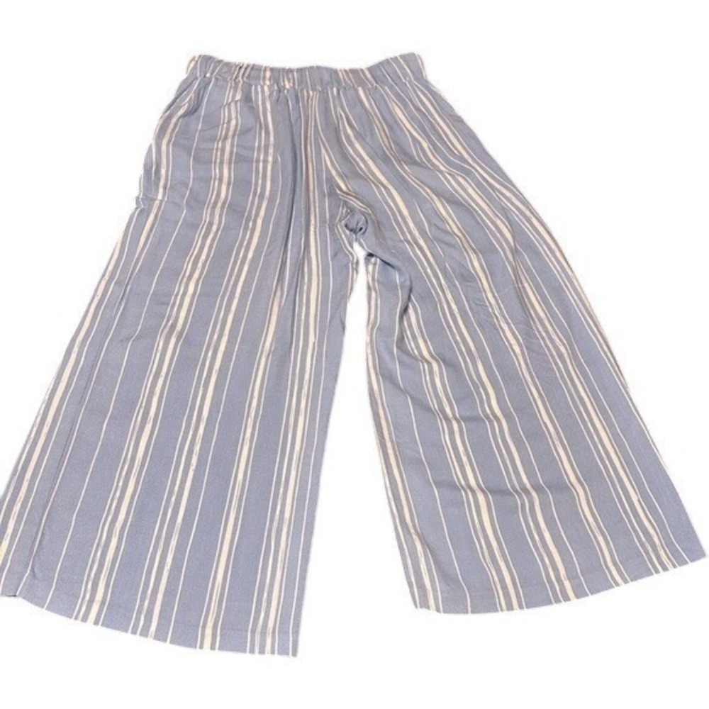 Striped Wide Leg Cropped Pants‎ Blue White Elastic Waist Casual Comfy